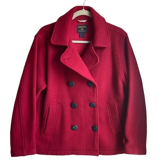 Woolrich Womens Sz Medium Pea coat Wool blend Ruby Red Double breasted - Picture 1 of 11